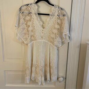Aqua Lace Romper Cream Boho Sheer Crochet Detail Size M
